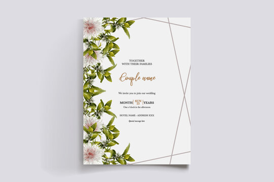WEDDING INVITATION FRAME WITH FLOWER DECORATIONS AND FRESH LEAVES
