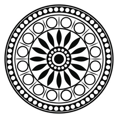 Poster - Detailed Vector Illustration: Circular Mandala Design with Floral Center, Decorative Circles, and Dot Border in Black and White for Graphic Design Applications.