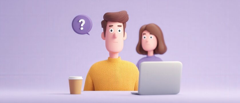 Cartoon characters are working and confused in front of a computer. Illustration of uncertainty, question, digital communication, and problem-solving.
