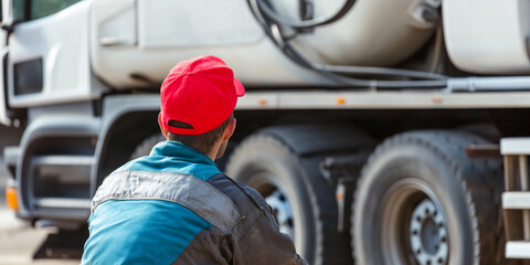 Poster - Man in work attire observing large truck on site Generative AI