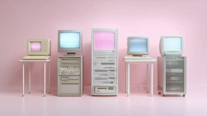 Poster - Vintage computer setup featuring retro monitor, data storage units, and cloud technology with pastel screens soft pink background creating nostalgic