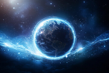 Aufkleber - Glowing globe planet with stars and cosmic elements Generative AI