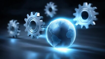 Poster - Digital cloud data storage network with glowing globe and metallic gear wheels showcasing advanced technology and global digital connection