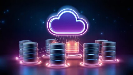 Poster - Cloud data storage technology with glowing neon cloud icon connected to multiple server database units in dark digital network background
