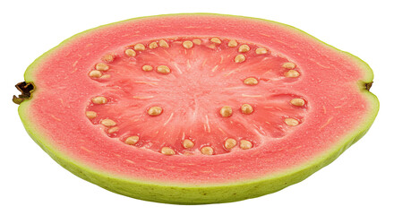 Poster - A Freshly Cut Pink Guava Fruit Revealing Seeds on a Black Background