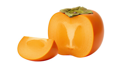 Poster - A fresh ripe persimmon fruit cut open with a slice isolated on a black background
