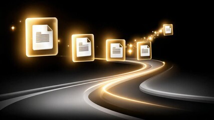 Poster - Digital cloud data storage technology with glowing file and document icons floating above futuristic winding road dark background creating dynamic