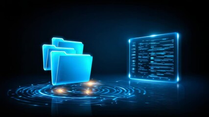 Poster - Digital cloud data storage with glowing folder and code interface in futuristic blue technology design enhancing security and digital data protection
