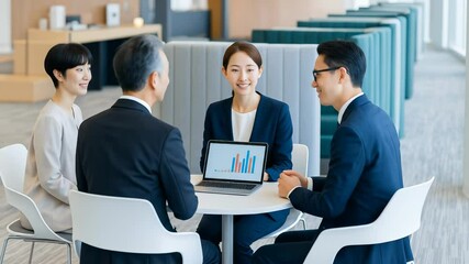 Poster - Business meeting office teamwork discussion with Asian professionals formal corporate attire collaborating data analysis, presentation, and strategy planning modern workspace, expressing cheerful