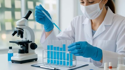 Poster - Scientist laboratory research experiment with test tube, microscope, blue liquid, protective gloves, face mask, medical study focused female scientist conducts laboratory research, healthcare