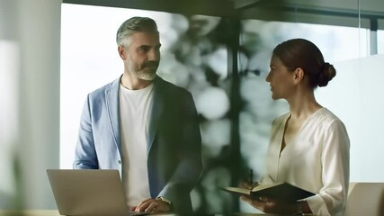 Poster - Business meeting office teamwork professional discussion collaboration planning modern workplace with confident colleagues engaged productive conversation, businessman and businesswoman discussing