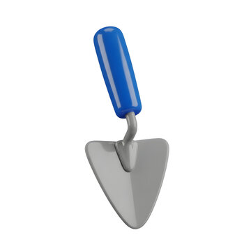 3D rendering of a hand trowel tool with a blue handle and gray blade, isolated on a transparent background.
