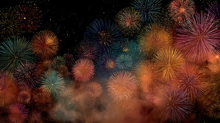 Poster - 36. Abstract firework background with free space for text. Vibrant display of colorful fireworks bursting in various patterns against a dark sky. The composition allows ample space for text, creating
