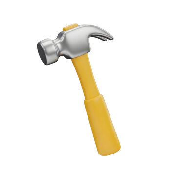 A 3D rendered hammer with a yellow handle and a silver head floating against a transparent background. The tool is angled slightly showing its side and top view.