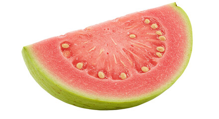 Poster - A delicious slice of pink guava fruit with seeds isolated on a black background