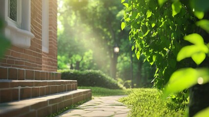 Poster - Sun-Kissed Garden Path: A sun-drenched path leads the eye through a vibrant garden, flanked by a red-brick house and lush greenery, inviting a moment of peace and reflection.