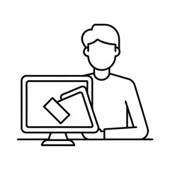 Fototapete - Black and white line art illustration of person working on computer with digital files