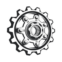 Poster - Detailed Black and White Vector Illustration of a Sprocket, Depicting Precision Engineering and Mechanical Design on a Clear Background.              