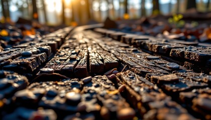 Poster - close up shot of charred wood showcasing intricate beauty, positioned at the top under a sunbeam, with ample copy space at the bottom for photo use.
