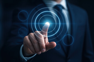 Poster - Innovation and strategy converge as a professional activates a glowing digital interface symbolizing progress and connection