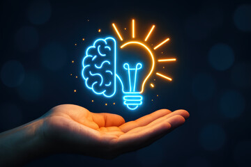 Poster - A human gently supports a glowing symbol that merges intellect with creative insight representing innovation and bright ideas