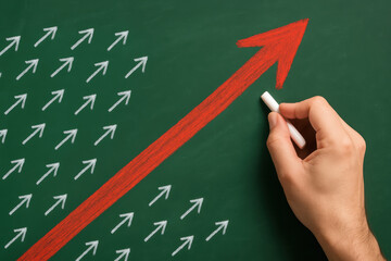 Poster - A progressing concept is illustrated by a bold upward arrow diverging from smaller ones symbolizing growth and leadership
