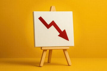 Poster - A minimalist white canvas on a modern wooden easel displays a descending red arrow symbolizing economic decline and market trends
