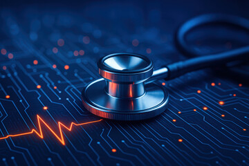 Poster - A stethoscope resting on an illuminated circuit board symbolizes the integration healthcare and technology driving innovation and progress