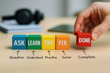 Poster - A close-up a arranging colorful blocks symbolizing the business process from inquiry to completion