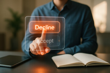 Poster - Decision-making in business is represented here by a digital interface where the choice to decline is actively selected highlighting control and strategic interaction