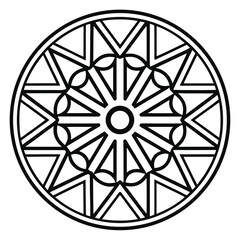 Poster - Geometric Circular Ornament: Intricate Black and White Design featuring Triangles and Arcs in a Radial Pattern for Decorative Art and Textile Applications