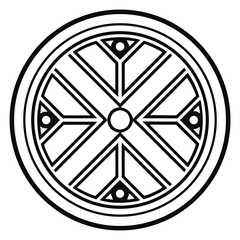 Poster - Circular Geometric Design: Line Art Illustration of an Abstract Cross Motif with Triangles and Circles, Simple Decorative Ornament in Black and White 