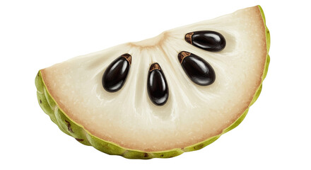 Poster - A close-up realistic illustration of a slice of custard apple fruit on black background