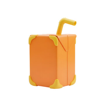 3D rendering of a juice carton with a straw against a transparent background. The carton features yellow corner accents.