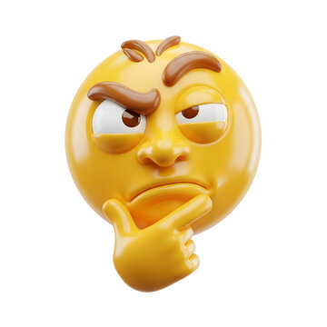 A 3D rendered emoticon with a thoughtful expression featuring a yellow face with furrowed brow and hand on chin. Isolated on a transparent background.