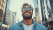 © Larisa AI - A cheerful man walking confidently down a city street, wearing sunglasses and sporting a stylish denim jacket, capturing the essence of urban life and personal style with a bright smile.