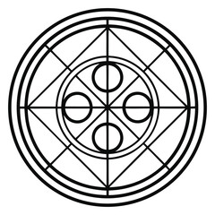 Poster - Abstract Geometric Circular Design: Black and White Illustration featuring Circles, Squares, and Diagonals in a Symmetrical Composition.              