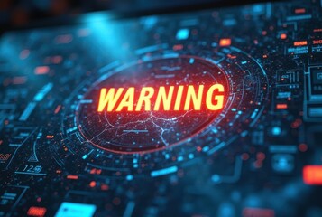 Poster - A vivid red warning symbol glows at the center of a digital interface surrounded by scanning graphics, evoking urgency and technological system alerts, horizontal composition