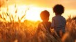 © Larisa AI - Two young boys sit together in a golden wheat field, watching the sunset, symbolizing friendship and the innocence of childhood amid nature's enchanting backdrop.