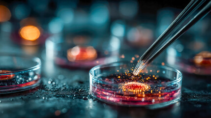 Poster - Close-up of a laboratory scene where glowing particles are placed in a petri dish using tweezers, symbolizing futuristic science