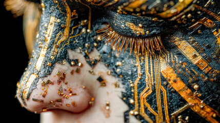 Poster - Extreme close-up of a human face with gold and red circuit-like patterns integrated into the skin