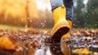 © Larisa AI - A person joyfully splashes through puddles in bright yellow rain boots, embracing the delightful essence of autumn while capturing the joy of playful outdoor activities.