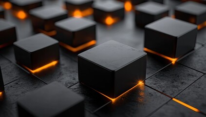 Abstract geometric pattern of black cubes with orange highlights