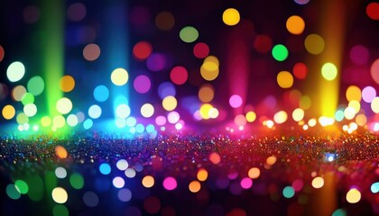 Wall Mural -  vibrant multicolor bokeh with sparkling glitter foreground and radiant blue lens flare, ideal for web design, festive branding, digital backdrop, or poster design