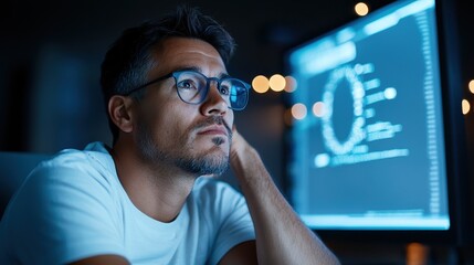 Poster - A thoughtful man in glasses stares intently at a computer screen filled with data, illustrating the theme of focus and the modern digital experience of late-night work.