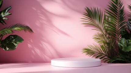 Poster - A minimalist scene features a soft pink wall adorned with green plants, creating a tranquil, stylish, and fresh ambiance ideal for modern design and aesthetic.