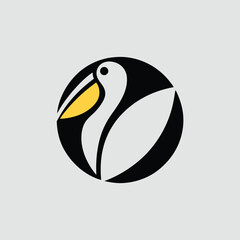 Poster - Stylized Pelican Illustration: Minimalist Bird Icon in a Circular Frame with Bold Black and White Design on a Soft Gray Background, Ideal for Logo and Branding.