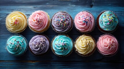 Poster - A Colorful Array of Delightful Cupcakes with Swirled Frosting and Sprinkles on a Rustic Blue Wooden Surface, Perfect for Celebrations and Sweet Treats