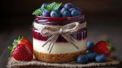 Poster - Delicious Dessert Parfait with Creamy Vanilla Layer, Fresh Blueberries, and Strawberries, Perfect for Summer Treats and Celebrations in Rustic Setting