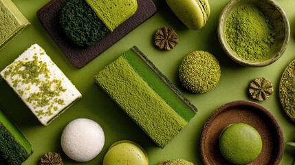 Poster - Exquisite Green Desserts Arranged Artfully on a Green Background Featuring Modern Pastry Creations with Matcha and Various Textures
